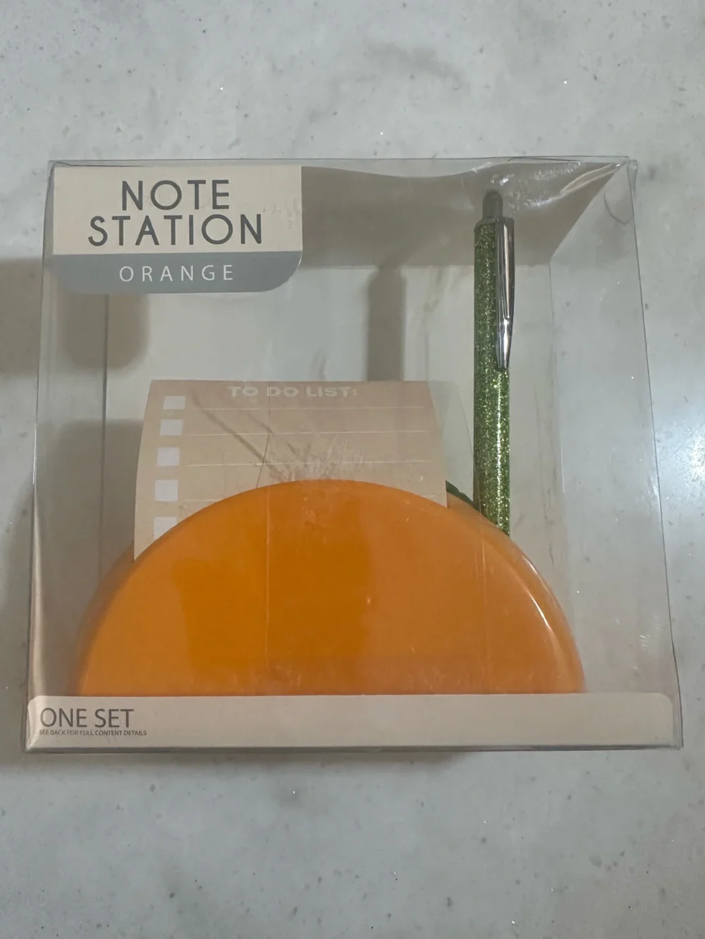 Note Station Orange Desk Memo Holder with Green Leaf Accent and Pen Slot